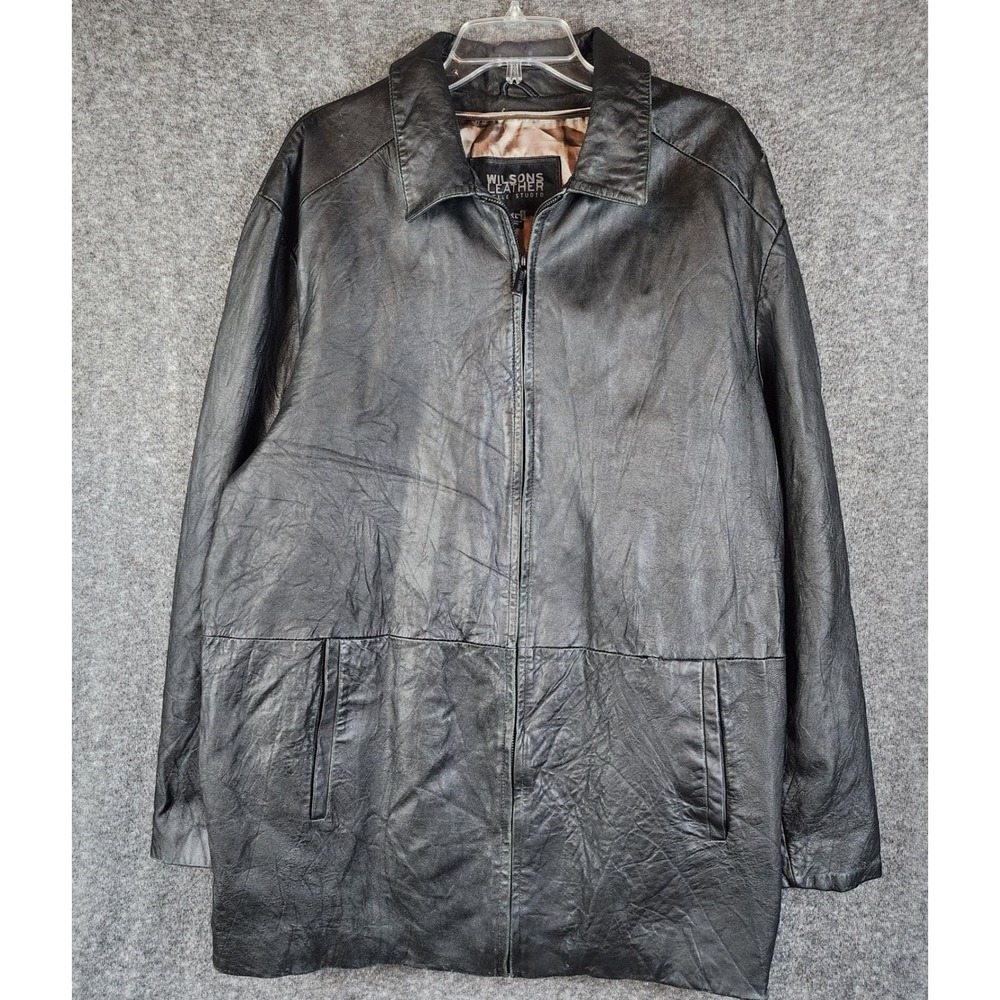 Wilsons Leather Jacket Mens XL Pelle Studio Black Full Zip Collared Coat EUC